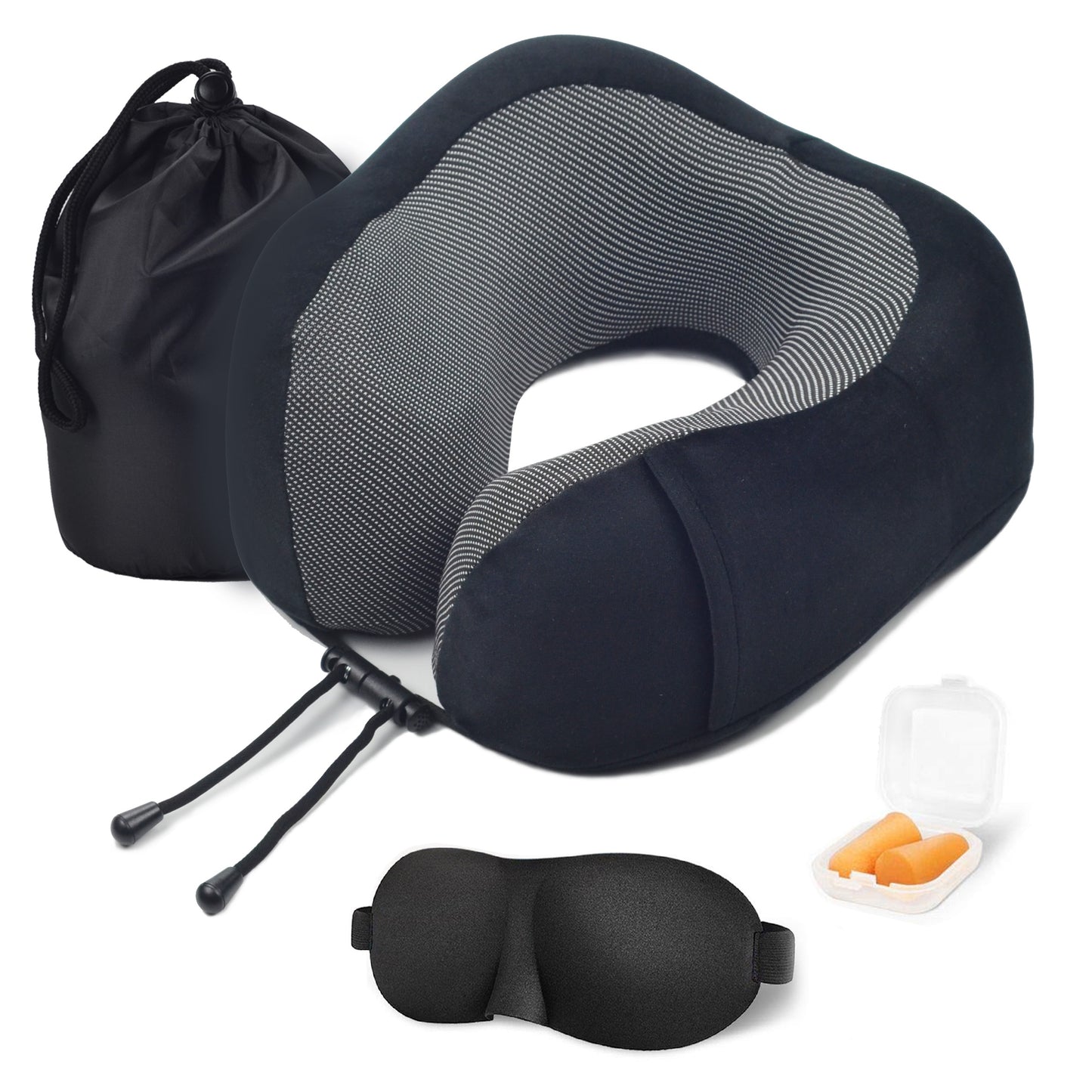 Memory Foam Nekkussen Inclusief Slaapmasker & Oordopjes - Reiskussen - Vliegtuig Kussen - Travel Pillow : Zwart