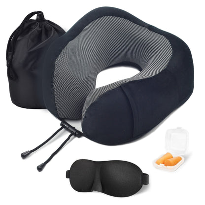 Memory Foam Nekkussen Inclusief Slaapmasker & Oordopjes - Reiskussen - Vliegtuig Kussen - Travel Pillow : Zwart