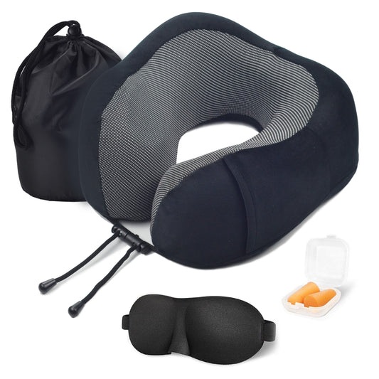 Memory Foam Nekkussen Inclusief Slaapmasker & Oordopjes - Reiskussen - Vliegtuig Kussen - Travel Pillow : Zwart