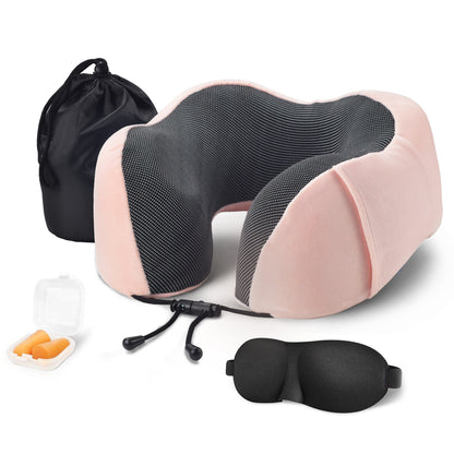 Memory Foam Nekkussen Inclusief Slaapmasker & Oordopjes - Reiskussen - Vliegtuig Kussen - Travel Pillow : Zwart